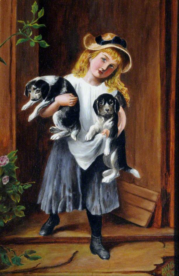 Young Girl with Two Puppies