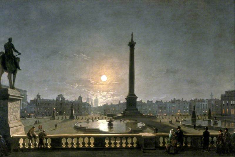 Northumberland House and Whitehall from the North Side of Trafalgar Square, London, by Moonlight