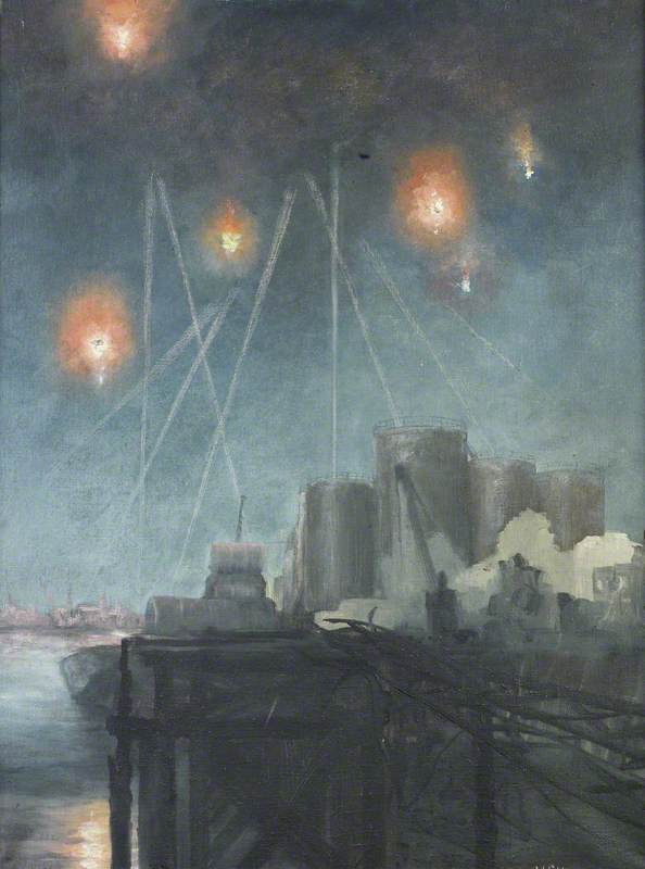 Night Air Raid with Anti Aircraft Shells Exploding over Oil Tanks