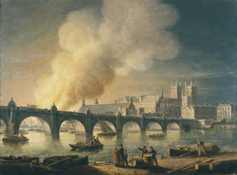 Westminster Bridge and the Burning of the Houses of Parliament from Lambeth, London