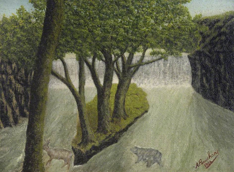 Animals Crossing a Flooded River with a Distant Waterfall