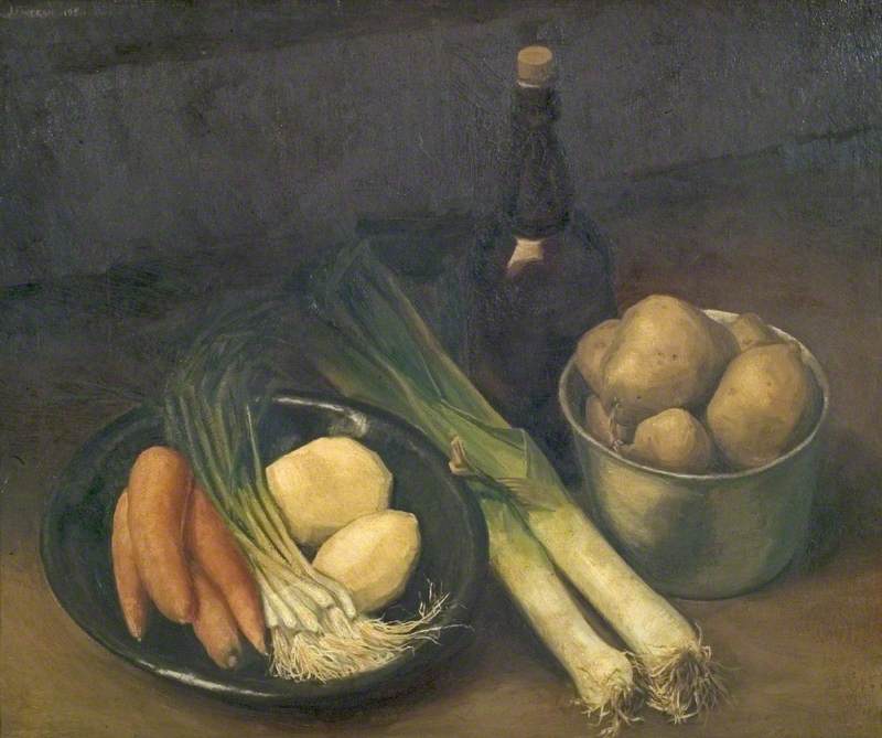 Still Life of Vegetables, Wine Bottle, Shallow Dish and Metal Container