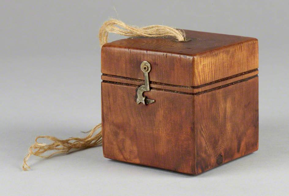 121 Linked Cubes: Cube, Stained, with Brass Fittings to Look Like 'Jute Box'