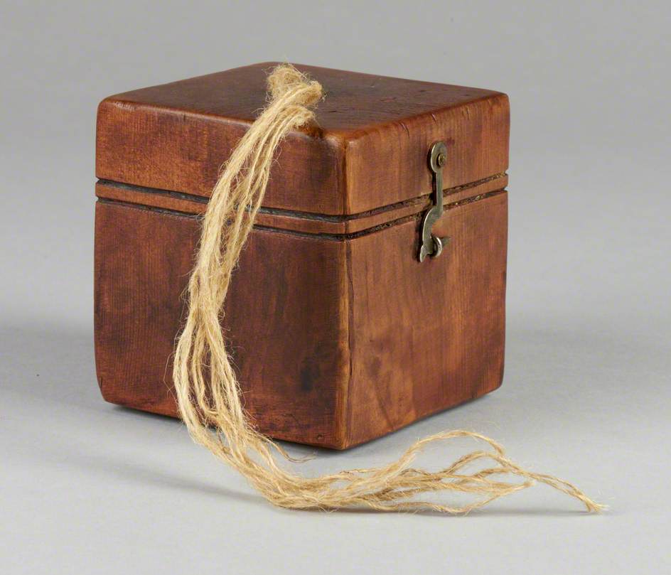 121 Linked Cubes: Cube, Stained, with Brass Fittings to Look Like 'Jute Box'