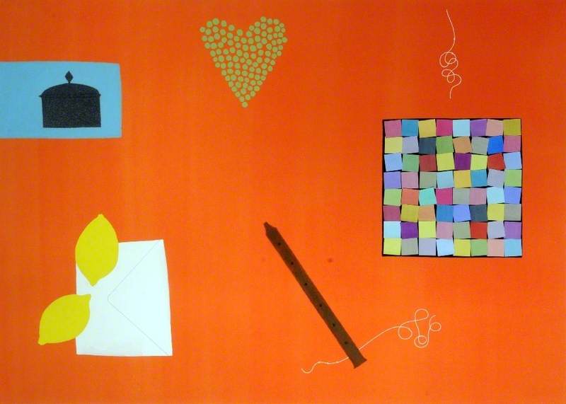 Still Life with Patchwork Pieces, Whistle and Peas