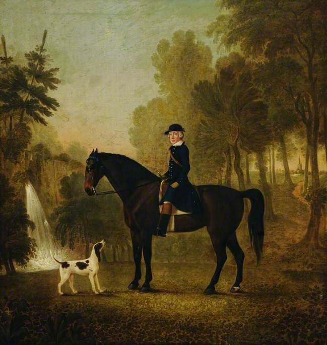 Sir Henry Eltherington, Bt, Seated on Horseback with a Hound, a Waterfall and a Church in the Background