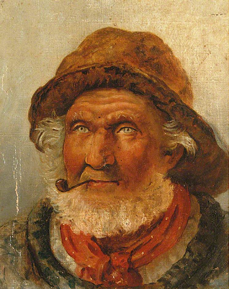 Old Fisherman with a White Beard Smoking a Pipe