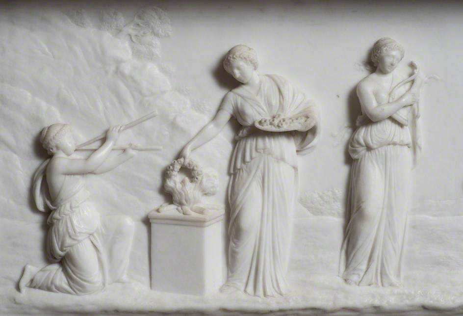 Fireplace Relief with Classical Figures Dancing, Playing Pipes and Sacrificing