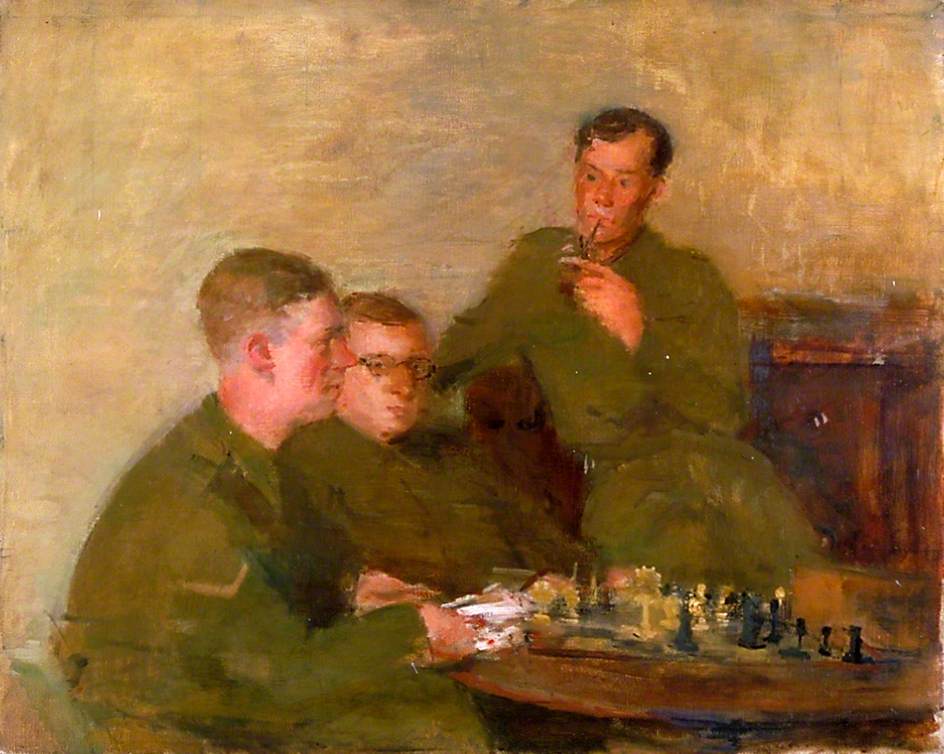 Three Soldiers Shortly to Leave for an Officer Cadet Training Unit Playing Chess