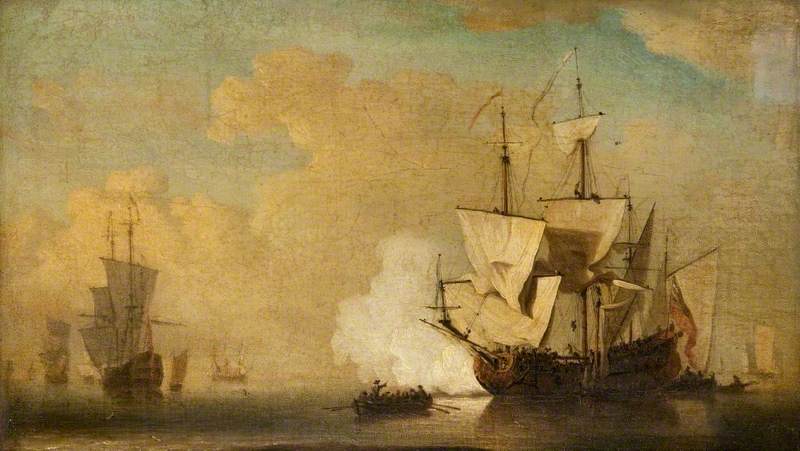 An English Ship Becalmed, Firing a Gun