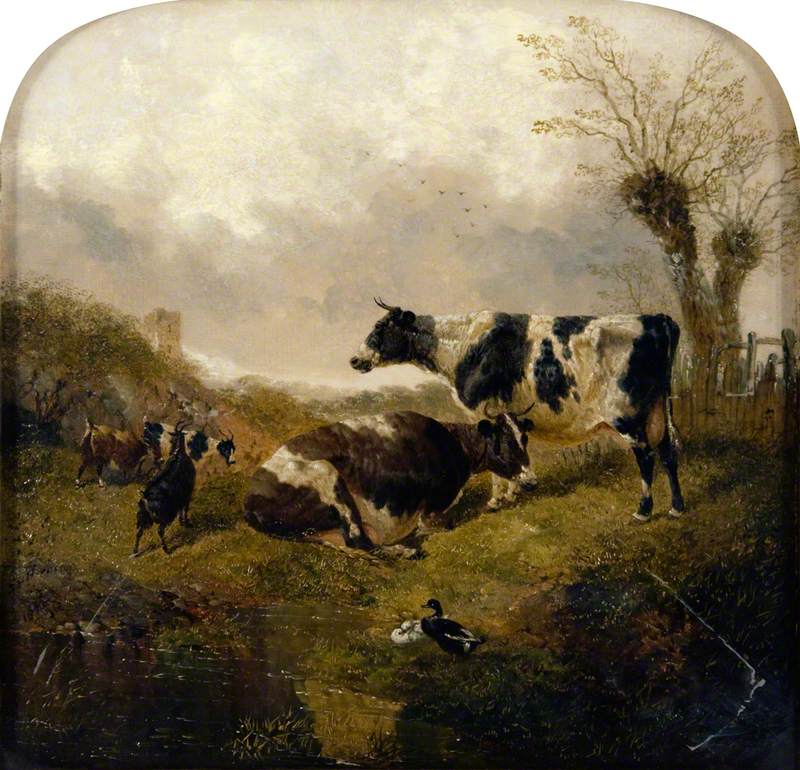 Two Cows with Goats and Ducks in a Landscape
