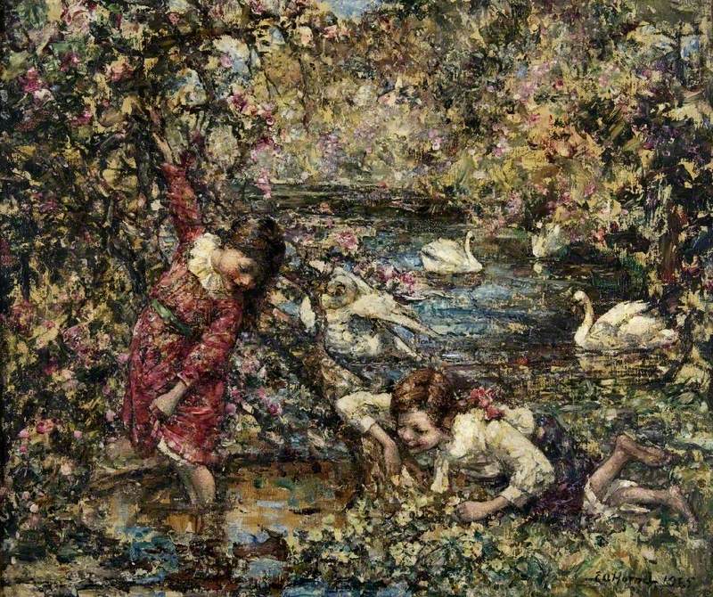Two Girls and Swans at a Pool