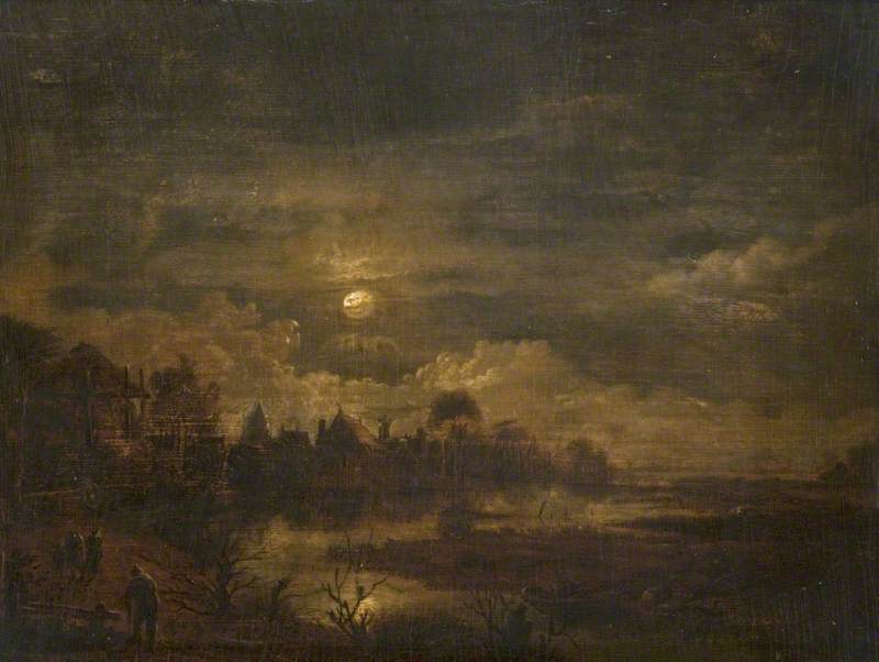 A Village and Marshland by Moonlight