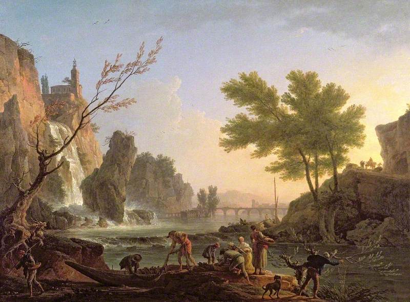 Fishermen in a Landscape with a Cascade and a Bridge