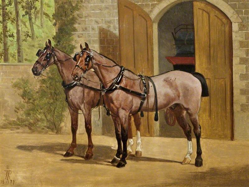 A Pair of Carriage Horses in Harness outside a Coach House