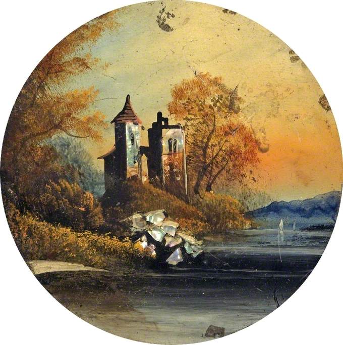 'Roses and Castle Styles' Painting (A Castle beside a Lake with Mountains in the Background)
