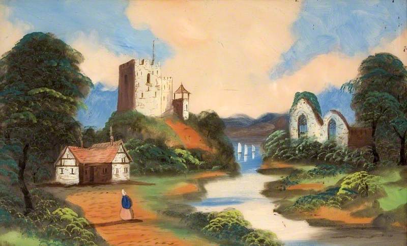 'Roses and Castles Style' Painting (A Castle with a Castle Ruin, a River and a Thatched Cottage)