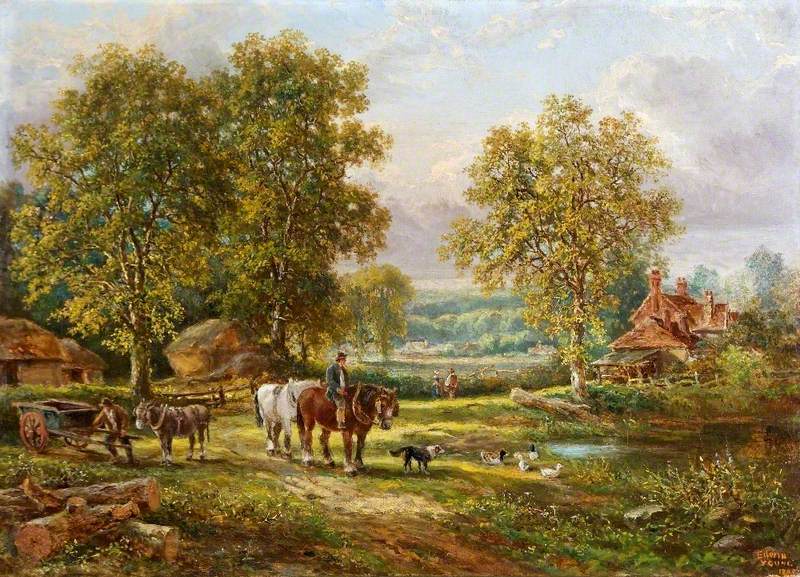 Scene with a Duck Pond, a Cottage, Working Horses, a Donkey and a Dog