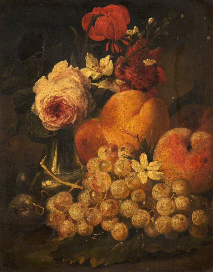 Flowers in a Pewter Vase, Grapes and Peaches
