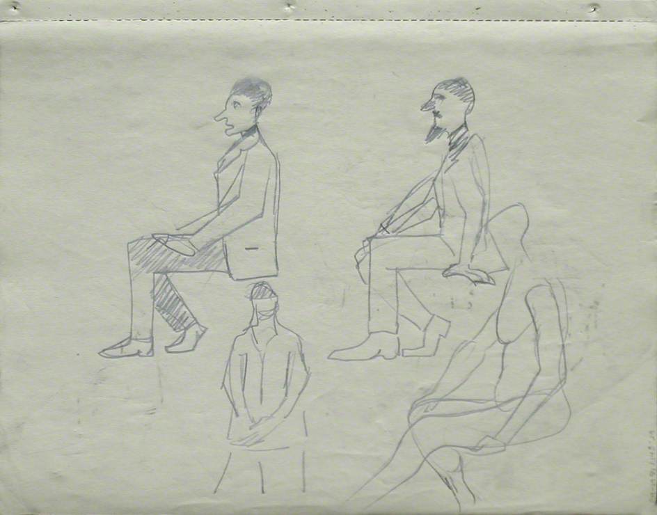 Hands and Upper Region of Body, Man with Beard and Boy with Hat & Three Seated Figures and a Standing Figure