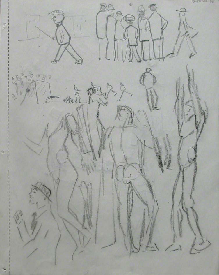 Figure Studies: Head and Umbrella & Two Scenes at a Football Match