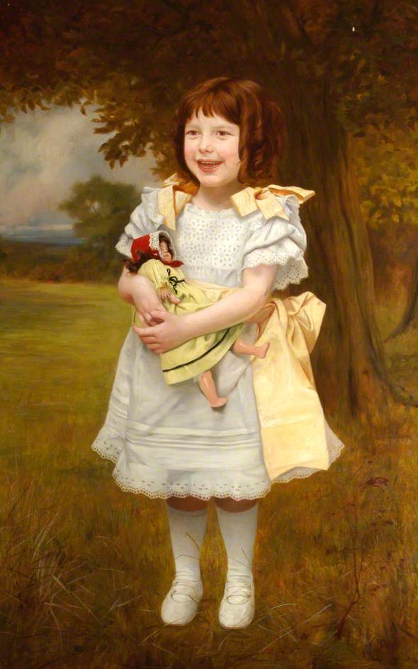 Portrait of a Small Girl Standing with a Doll