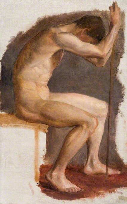 Seated Male Nude, Leaning Forward on a Staff
