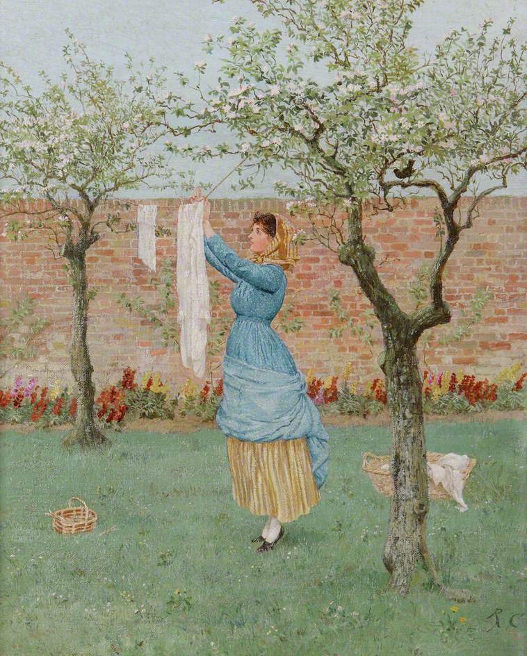 Maid in a Garden Hanging Out Clothes