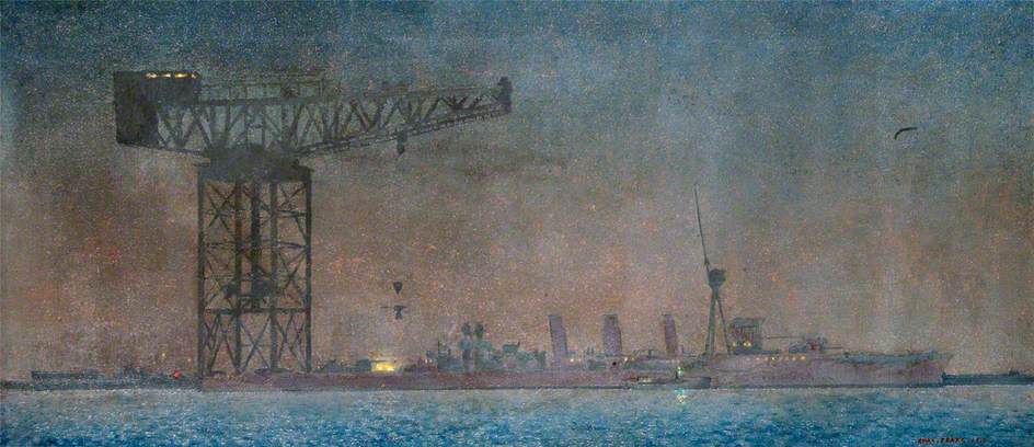 A Big Crane at Rosyth Placing a Gun on a Light Cruiser at Night