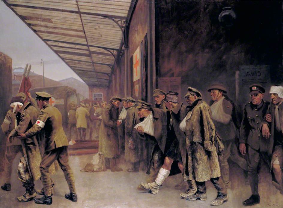 British Red Cross Society and Order of St John of Jerusalem Workers Attending Wounded on their Arrival at Boulogne Station