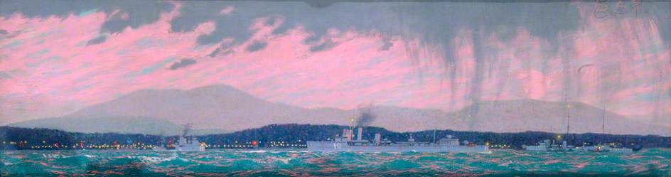 Port Edgar, Firth of Forth, the Destroyer Base of the Northern Waters: Sunset, V-Class Destroyers Backing out to Sea