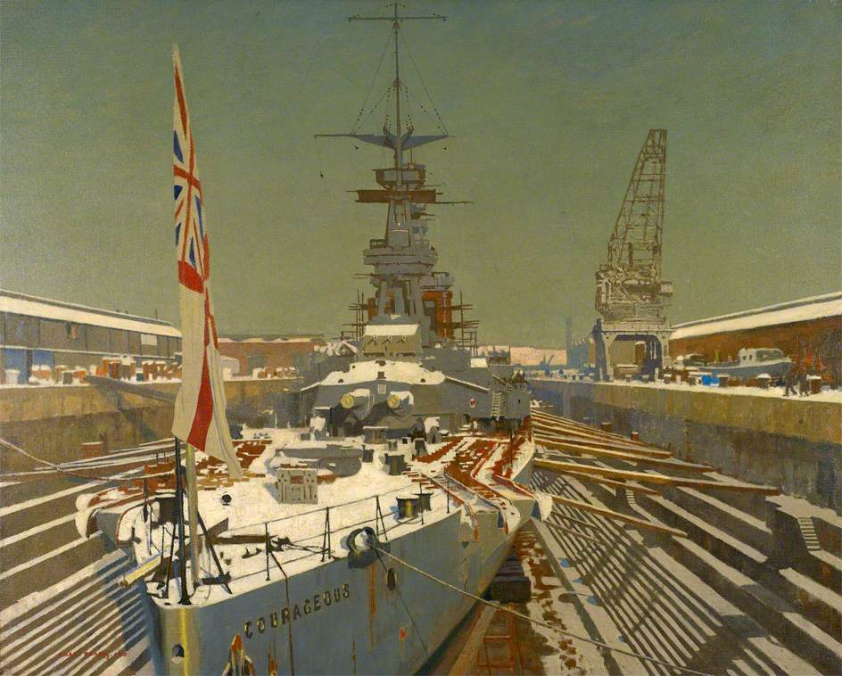 HMS 'Courageous' in Dry Dock, at Rosyth, in Winter