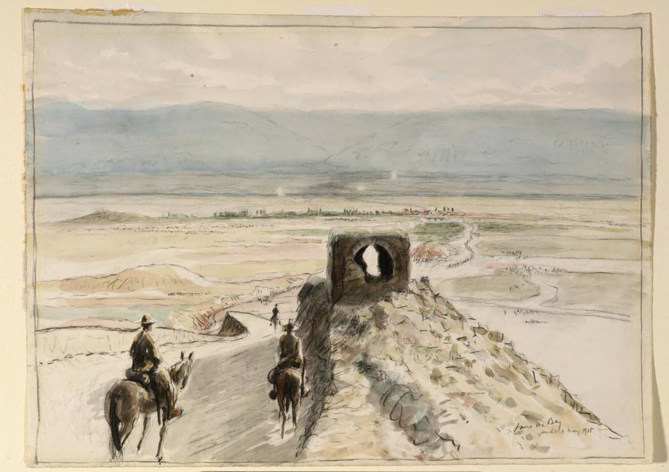 The Old Road to Jericho : a view of the Jordan Valley from the top of the last descent of the mountain road which overhangs the Wadi Kelt. The town of Es Salt is on the top of the Hills of Gilead, in line with Jericho.