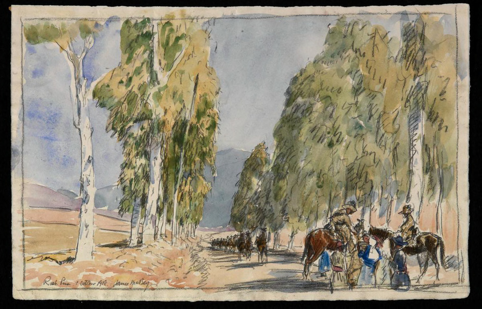 Rosh Pina, North of the Lake of Tiberias. Australian Horsemen buying Grapes and Bread.
