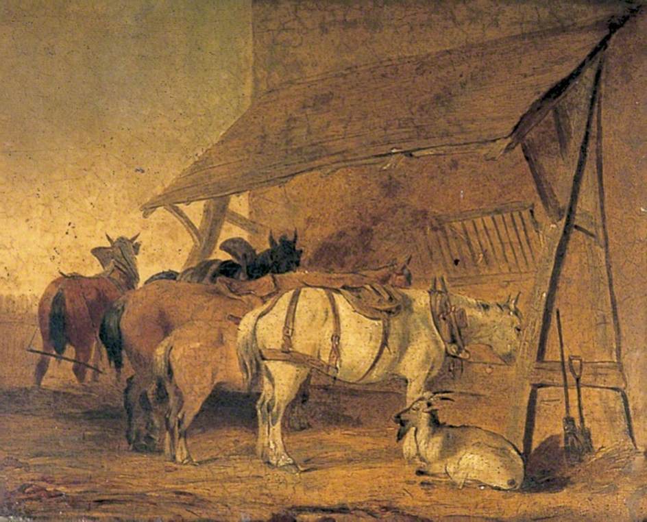 Working Horses and a Pony Eating at a Manger, Goat Sitting in the Foreground