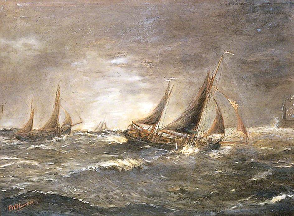 Seascape, Fishing Smacks off a Harbour