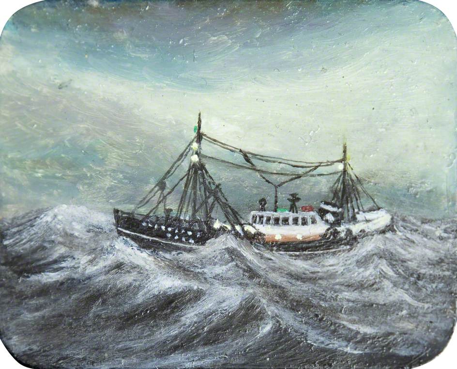 Trawler on Rough Grey Sea