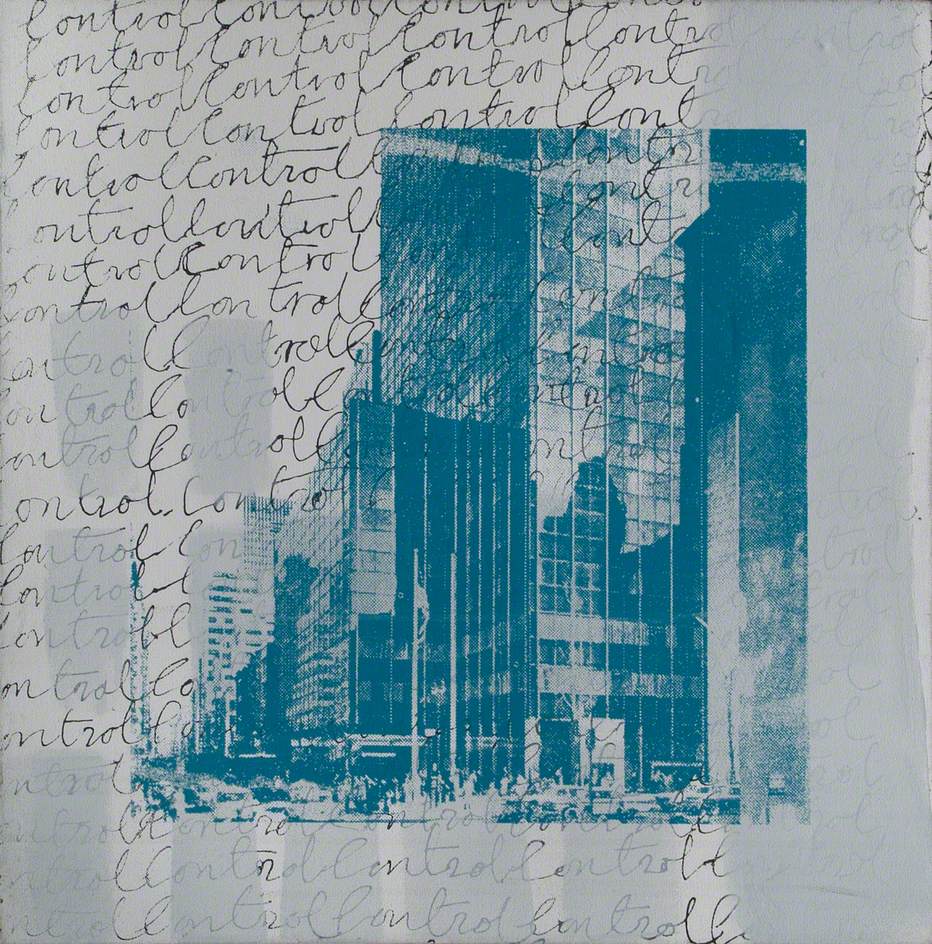 Text and Blue Buildings on White