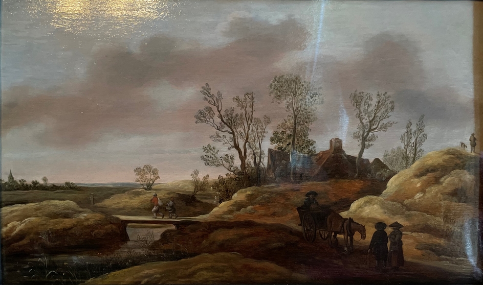 River Landscape with Figure Crossing a Bridge between Dunes