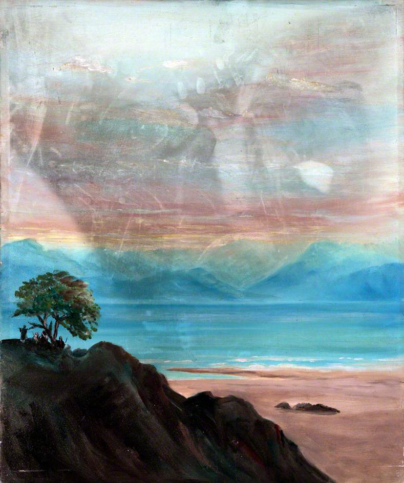 Landscape with a Rocky Mountaintop and Figures under a Tree Overlooking a Bay with Distant Mountains