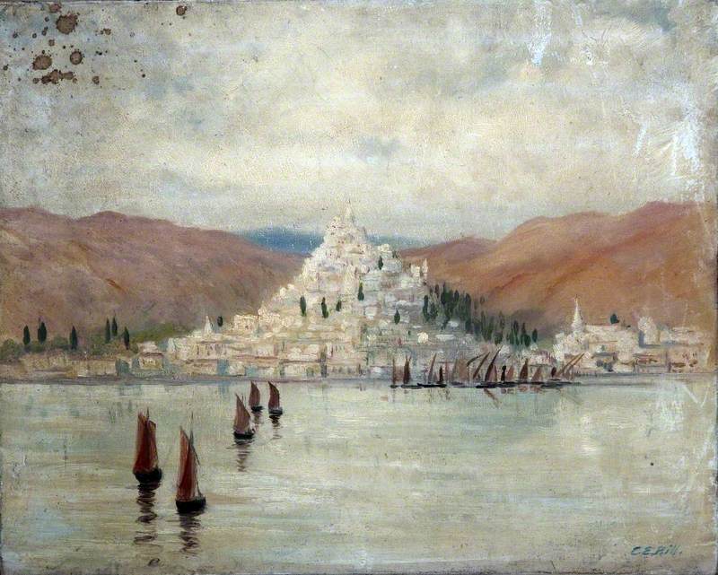 Landscape with a Hillside Town and Mountains Overlooking Water and Boats