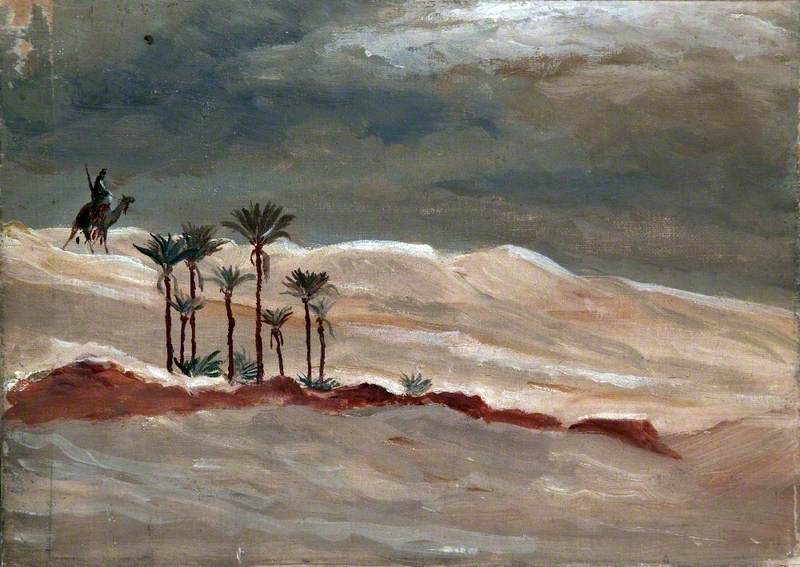 Desert Landscape with a Camel Rider, Palm Trees and Stormy Sky