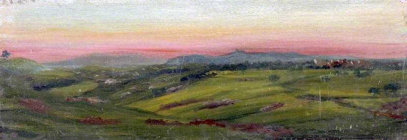 Landscape with Green Fields, a Distant Hilltop Village and a Pink Sky