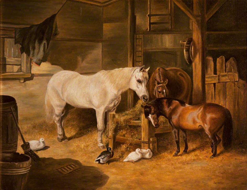Horses and Ducks in a Stable
