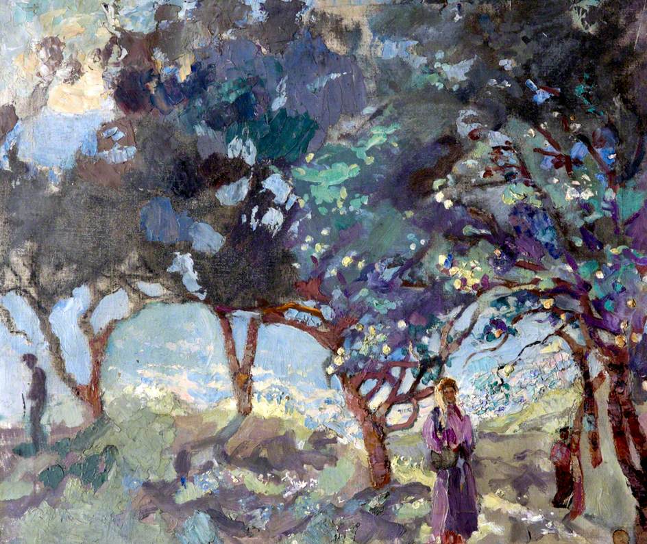 Mediterranean Scene with Olive Trees and Figures by the Sea