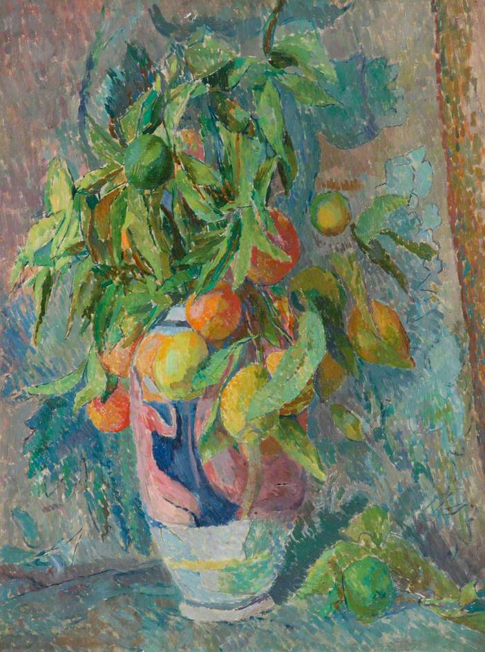 Still Life of Fruit and Leaves in a Coloured Vase
