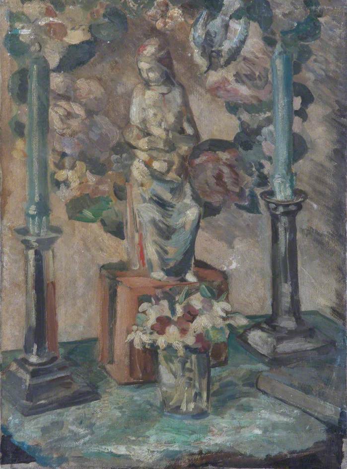 Still Life of a Statuette, Candlesticks and a Glass of Flowers