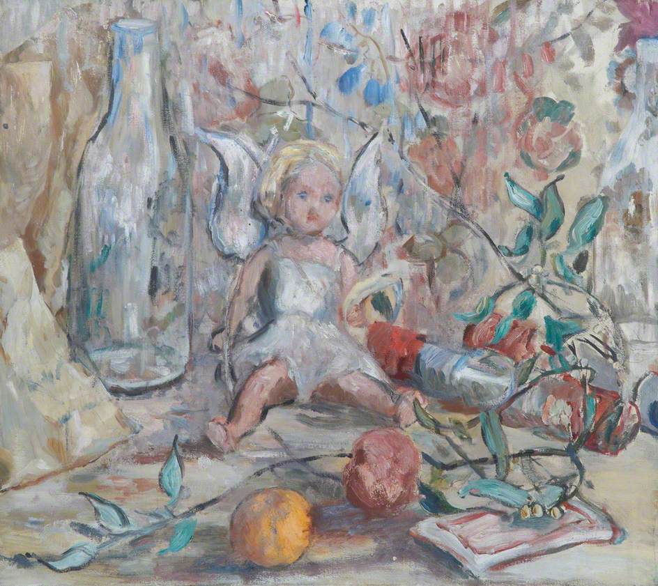 Still Life with a Doll, an Empty Bottle