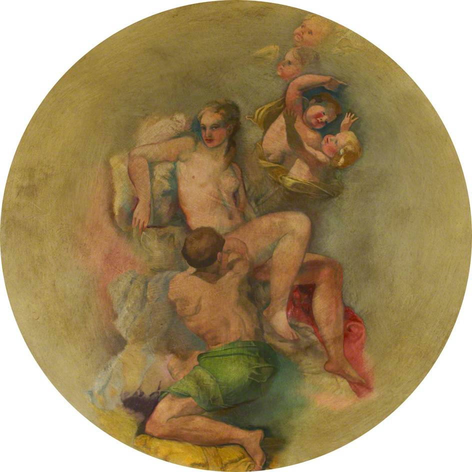 Ceiling Roundel: A Young Man Paying Court to a Nude Young Woman (Venus?) with Attendant Cupids