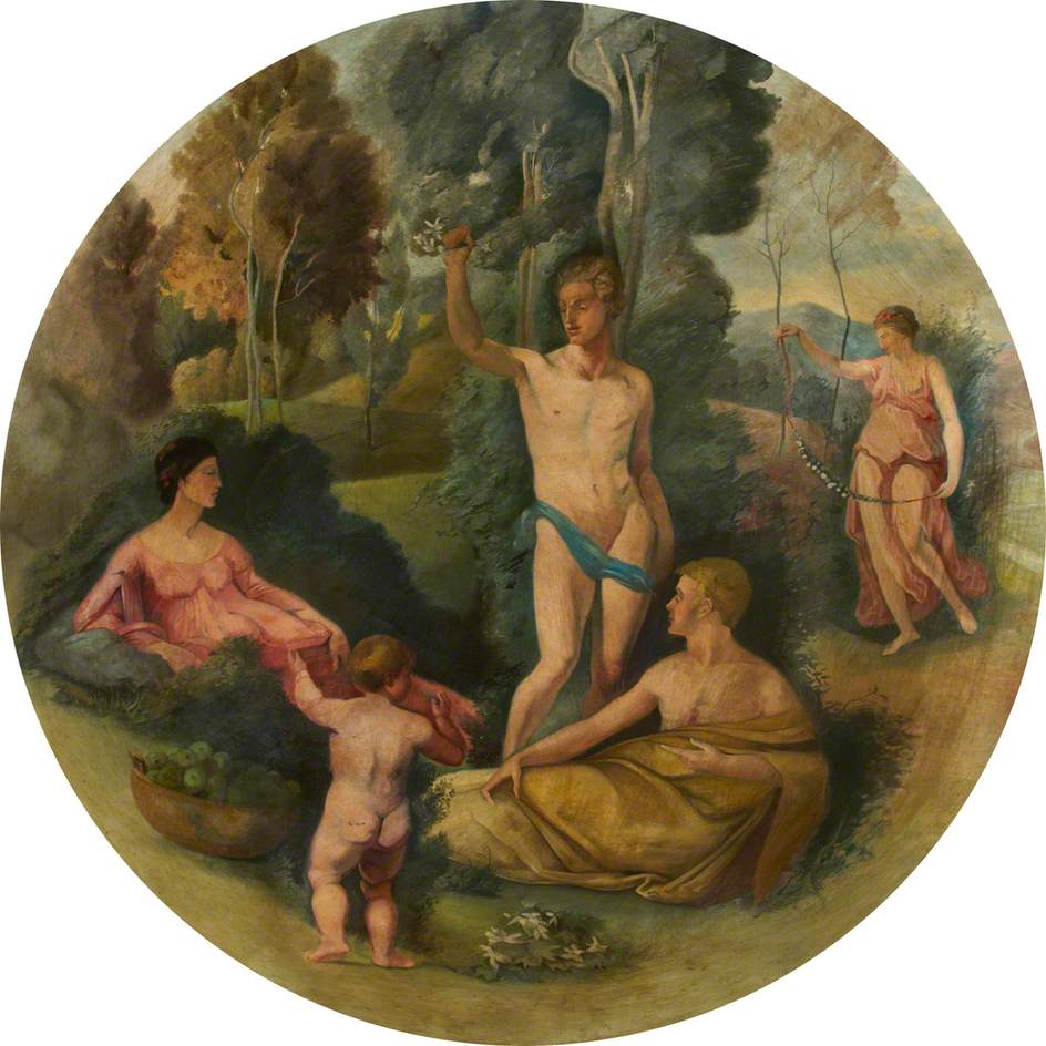 Ceiling Roundel: A Nude Youth Holding a Sod with Flowers over a Maiden and a Draped Man, Addressed by a Putto beside a Bowl of Fruit, with a Maiden with a Garland beyond